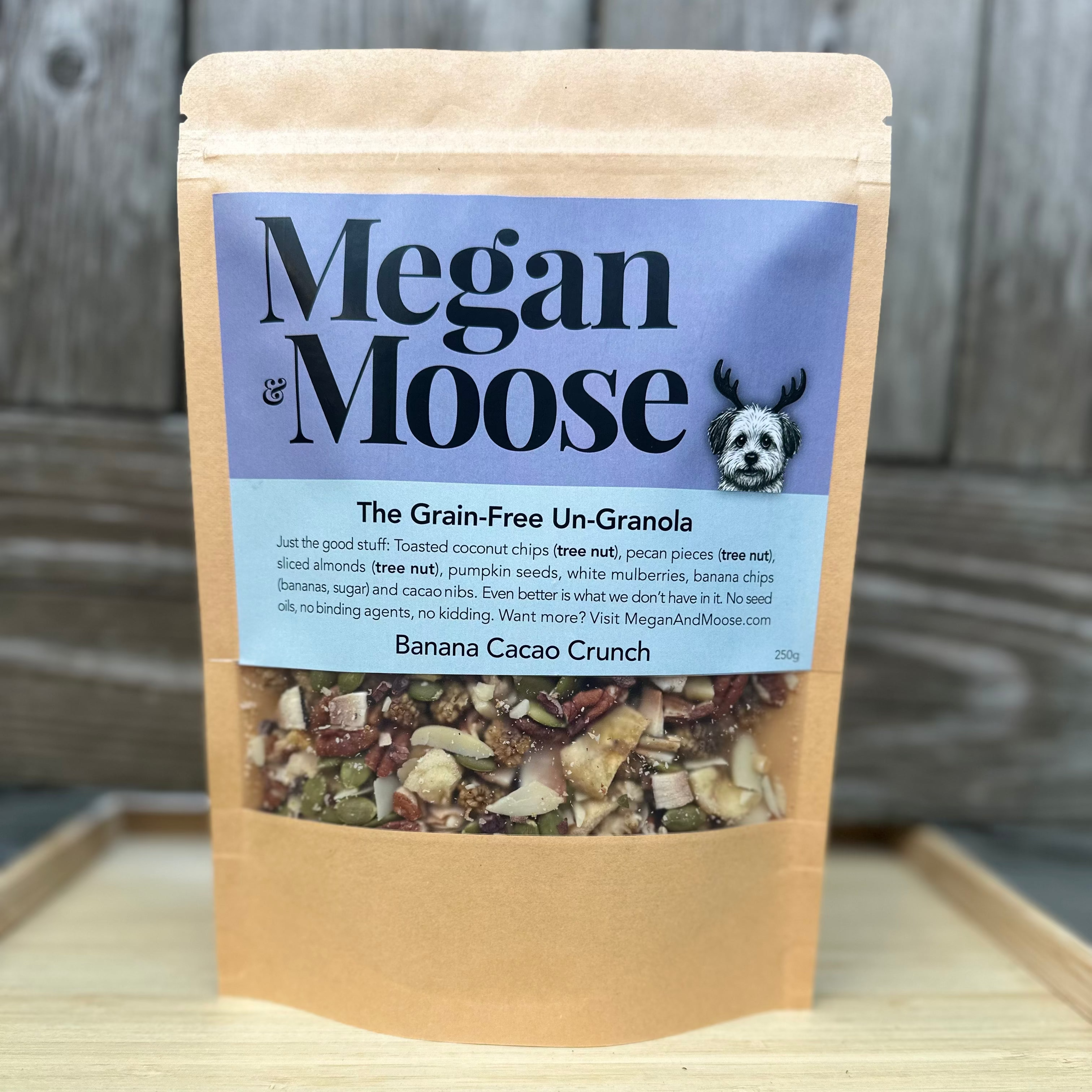 Megan & Moose granola package on a wooden surface